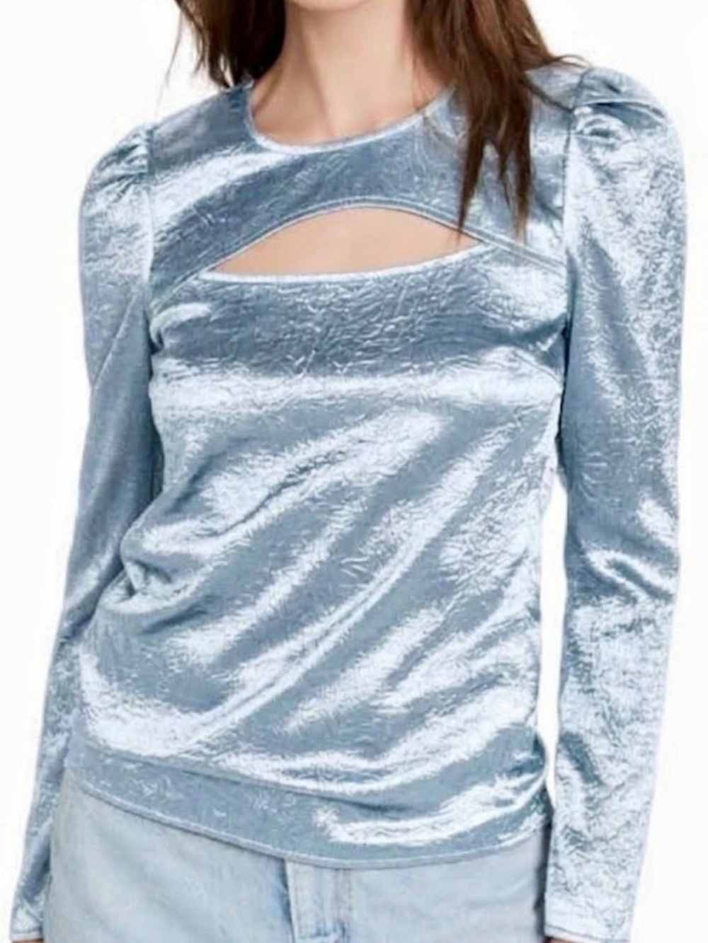 Baum und Pferdgarten
Marcy Blue Metallic Cutout Blouse Size 6 EU 38 NWT